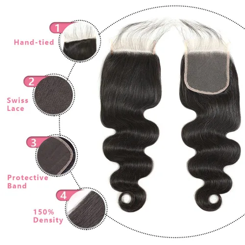 Vista 2 de Cabello humano ondulado con cierre de encaje HD de 10 pulgadas, 100% cabello humano virgen brasileño, ondulado, cierre de encaje transparente 4x4