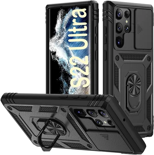 Vista 127 de PASNEW Funda militar para iPhone 13 Pro Max, cubierta de cámara deslizante y soporte de anillo de metal de 360°, carcasa rígida multicapa resistente