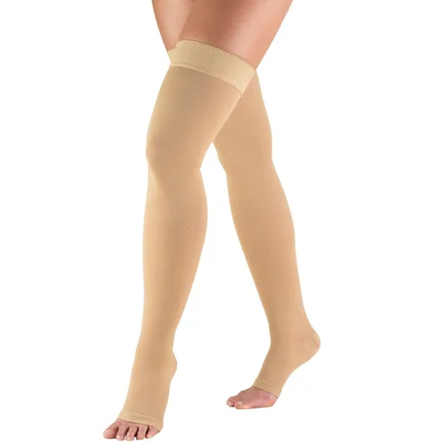 Vista 13 de Truform - Medias de compresión 20-30 mmHg para hombres y mujeres, longitud hasta el muslo, parte superior con lunares, punta abierta, color beige