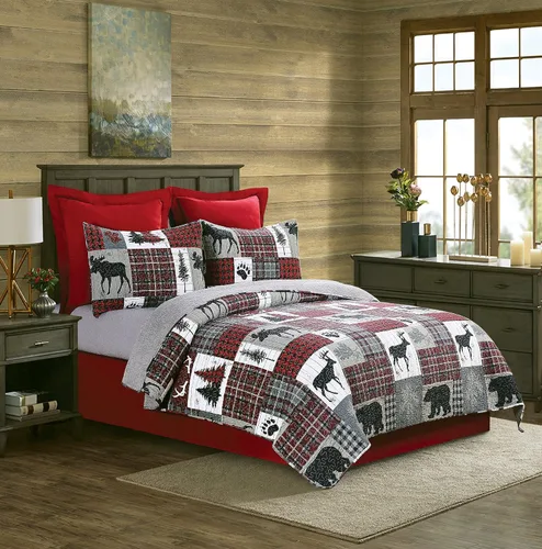 Vista 3 de C&F Home Hayden - Juego de edredón de 3 piezas, tamaño matrimonial/queen, estampado de retazos grises, cabaña de cabaña, rústico, 100% algodón