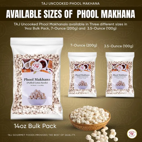 Vista 8 de TAJ Phool Makhana sin cocer 7 onzas (7.05 oz) Nuez de zorro, semillas de loto reventadas