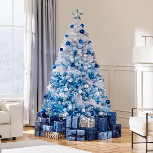 Vista 2 de Yaheetech - Árbol artificial de Navidad de 6 pies preiluminado con 250 luces incandescentes de color blanco cálido, con flecos nevados y soporte