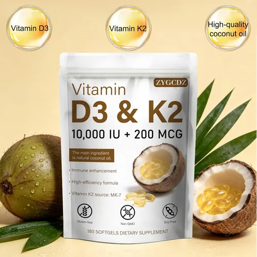 Vista 5 de Vitamina D3 10000 UI con cápsulas blandas K2 MK-7 de 200 mcg, 180 unidades Apoya la salud ósea, cardíaca e inmunológica Absorción mejorada