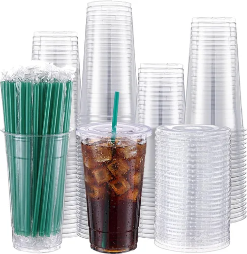 Vista 9 de Nuogo Juego de 100 vasos de plástico transparente de 32 onzas con tapas planas y pajitas, vasos de plástico PET con tapas, pajitas de colores, vasos