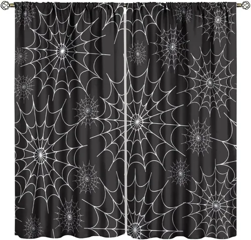 Vista 52 de Cortinas opacas de tela de araña aterradora para niños, tela de araña en blanco y negro, fondo rojo, dormitorio de niños, guardería, decoración