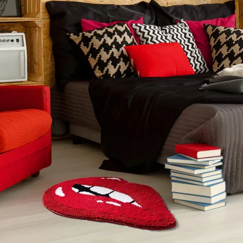Vista 7 de Panstar Alfombra de baño de labios rojos, bonita y divertida alfombra de baño con forma de labios mordedores, antideslizante, absorbente, alfombra