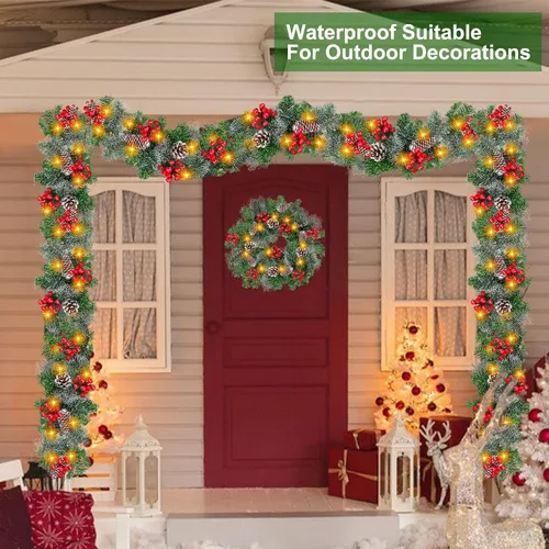Vista 6 de TURNMEON Guirnalda de Navidad preiluminada de 6 pies por 10 pulgadas con temporizador, 30 luces cálidas, 8 piñas, pino con cerdas nevadas, 56 bayas