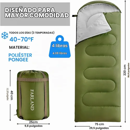 Vista 2 de FARLAND Sleeping Bag for Adults, Teens and Kids - 3 Season Camping Gear Verde militar