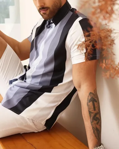 Vista 2 de Uni Clau Camisas de vestir de manga corta para hombre, camisas de moda con botones y estampado a rayas