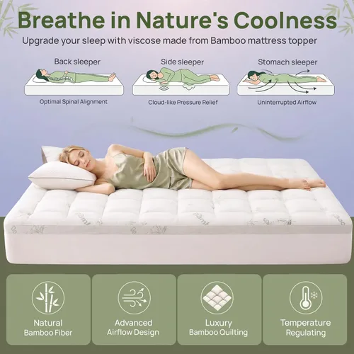 Vista 4 de Protector de colchón afelpado extragrueso de 3 pulgadas; protector de bambú de tamaño Twin; protector de cama de plumón alternativo para una