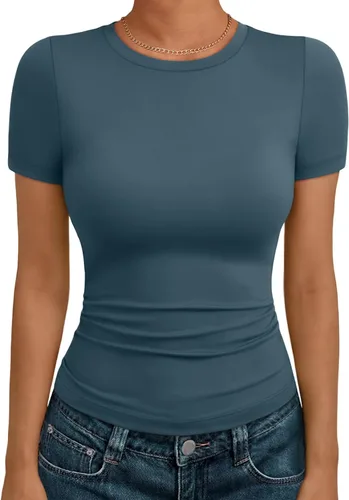 Vista 32 de AUTOMET - Camisetas básicas de manga corta para mujer, para verano, entrenamiento o gimnasio, con cuello redondo, ropa moderna estilo Y2K