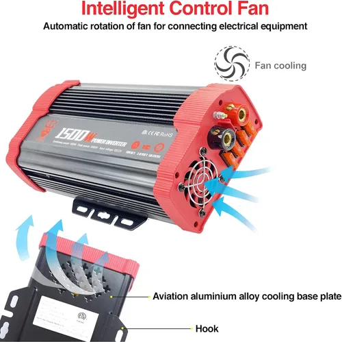 Vista 5 de Inversor de corriente para automóvil de 1500 W, convertidor de CC de 12 V a 110 V CA con 2 salidas de cargador y puertos USB duales de 3.1 A