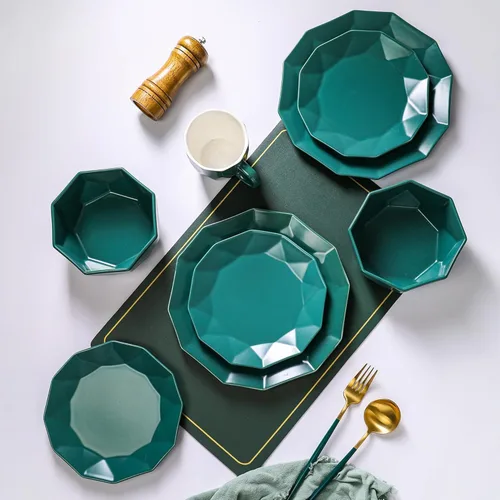 Vista 7 de Stone + Lain Jamie - Juego de vajilla geométrica de porcelana de 16 piezas, color verde Amarillo