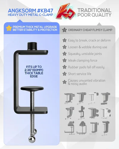 Vista 3 de Abrazadera de micrófono de mesa KB47 – Soporte de abrazadera de metal para micrófono de escritorio resistente con rosca macho 5/8-27 y 3/8-16