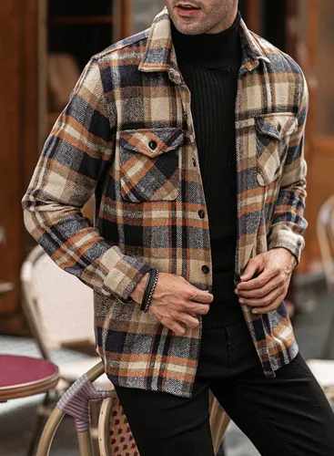 Vista 4 de JMIERR Camisas de franela para hombre, estilo casual, con botones, manga larga, a cuadros, chaquetas ligeras con bolsillos
