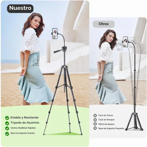 Vista 5 de Aureday - Trípode para teléfono de 2.08 metros (82 pulgadas), trípode para iPhone con cuello de ganso flexible, control remoto inalámbrico y soporte