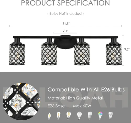 Vista 2 de Moderna lámpara de tocador de baño de cristal negro con 4 luces, montaje arriba/abajo, E26, espejo de pared con cable para baño, tocador, vestidor
