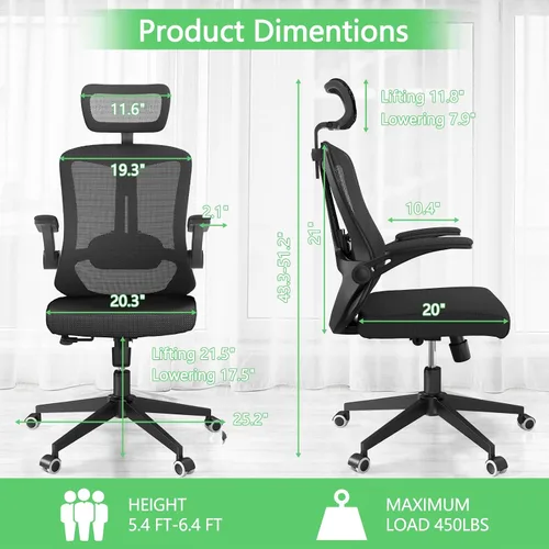 Vista 2 de Silla de oficina de malla, ergonómica con soporte lumbar, color negro, estilo moderno, respaldo de malla, bloqueo de inclinación de 90-135
