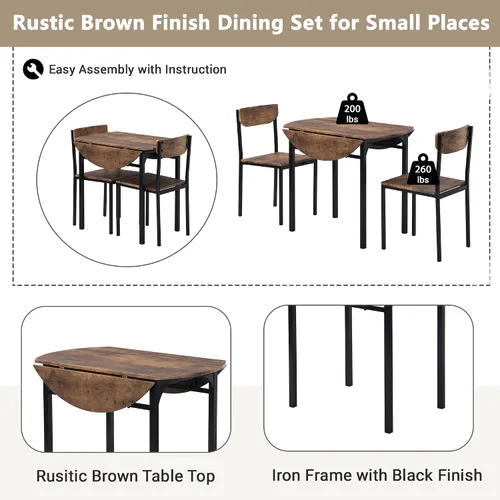Vista 4 de Moderno juego de mesa de comedor redonda de 3 piezas con hojas caídas y 2 sillas para lugares pequeños, marco negro + acabado marrón rústico