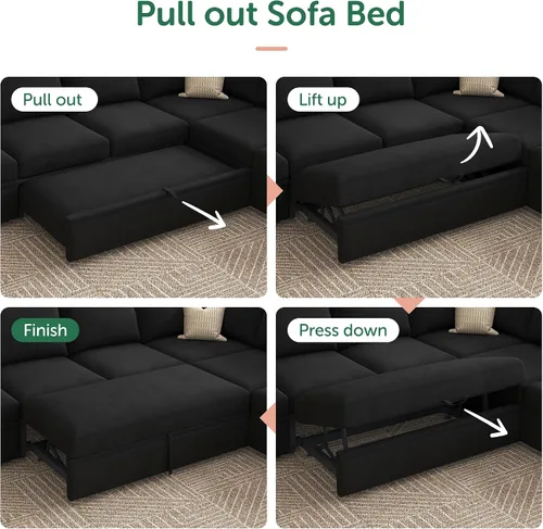 Vista 6 de HONBAY Sofá cama modular seccional, sofá modular de terciopelo con cama extraíble, sofá modular en forma de U con otomana de almacenamiento