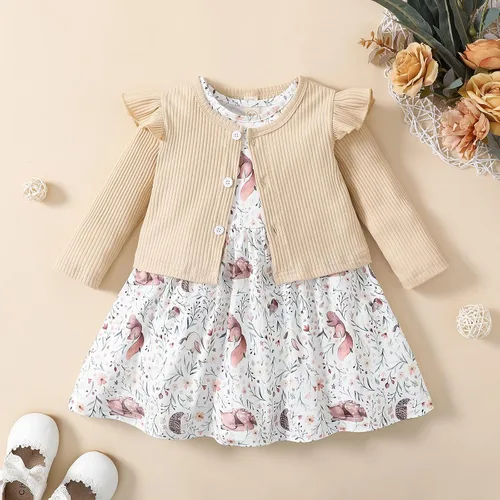 Vista 4 de Toddler Baby Girls Dress and Cardigan Set Baby Girl Cute Animal Print Sleeveless Dress and Coat 2Pcs Outfits Set