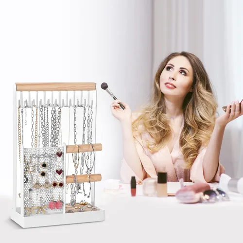 Vista 4 de Soporte organizador de joyas, soporte para collares, soporte para joyas 4 en 1 con organizador de aretes y bandeja de anillos extraíble, soporte