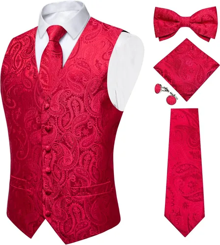 Vista 13 de DiBanGu Conjunto de 5 chalecos de seda con corbata y corbatín para hombre Paisley oro negro