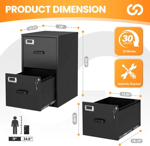 Vista 3 de Archivador de 2 cajones con cerradura, archivadores metálicos para oficina en casa, gabinete pequeño vertical negro para oficina en casa, archivador