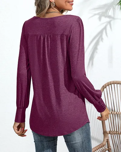 Vista 2 de Ficerd Blusa plisada de manga corta abombada para mujer, cuello redondo, elegante, casual, holgada, para primavera y verano