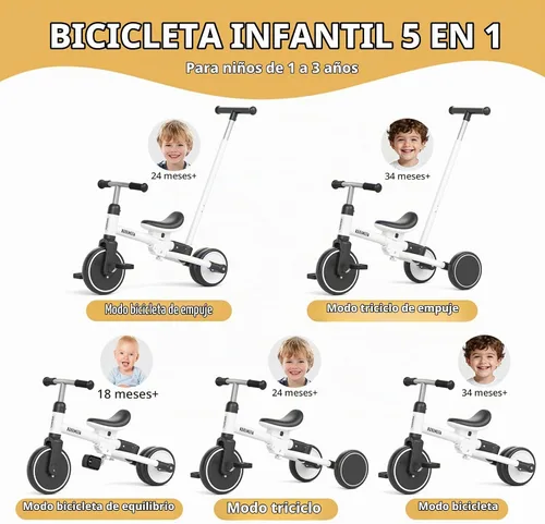 Vista 3 de KORIMEFA Triciclo 5 en 1 para niños pequeños de 1 a 3 años, bicicleta para Blanco