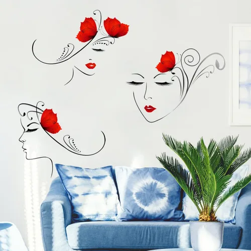Vista 5 de 4 calcomanías de pared con contorno de cara de mujer, diseño de perfil, ojos y labios, calcomanías de pared autoadhesivas para el hogar, niñas