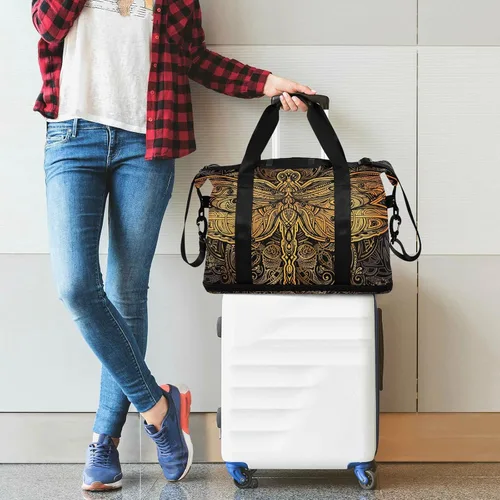 Vista 7 de ALAZA Golden Dragonfly Mandala Bolsa de viaje para mujeres y hombres, bolsa de gimnasio deportiva con compartimento para zapatos, bolsa de fin
