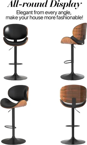 Vista 9 de Juego de 2 taburetes de bar giratorios ajustables, modernos taburetes de bar de madera curvada con base de metal grande y reposapiés, silla de bar