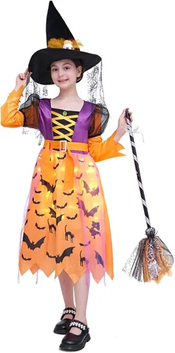 Vista 4 de DNQCOS Disfraz de bruja iluminada para niñas, disfraz de bruja de Halloween con escoba y sombrero de bruja