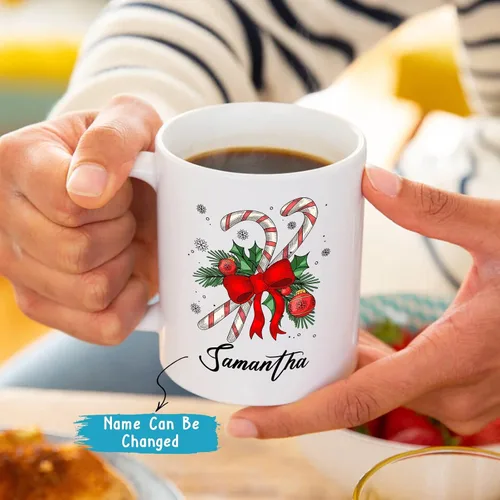 Vista 2 de Taza de café de Navidad personalizada con bastón de caramelo, divertida taza de cerámica de bastón de caramelo, regalos para familiares, amigos