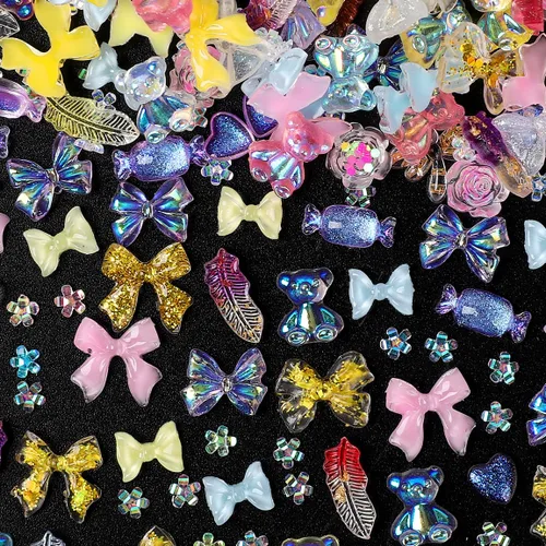 Vista 6 de COOSLIM 110 dijes de uñas 3D para uñas acrílicas, flor de camelia, rosa, mariposa, lazo, corazón, oso, conejo, estrella, para diseños de uñas