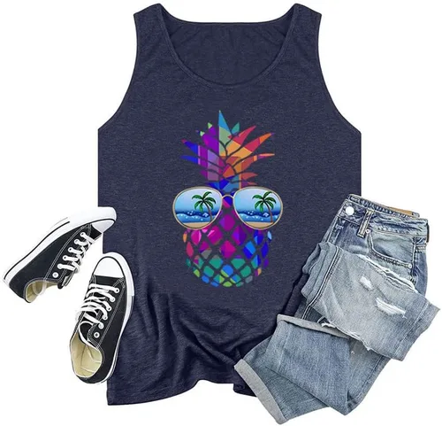 Vista 3 de Camiseta sin mangas con estampado de piña hawaiana para mujer, talla grande, con estampado gráfico hawaiano, camiseta sin mangas para vacaciones
