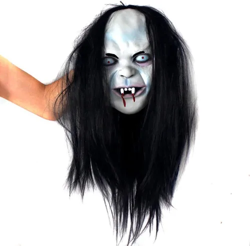 Vista 4 de LUOEM Halloween terror Grimace fantasma máscara larga peluca de pelo Grudge Sadako fantasma espeluznante disfraz máscara para Halloween fiesta