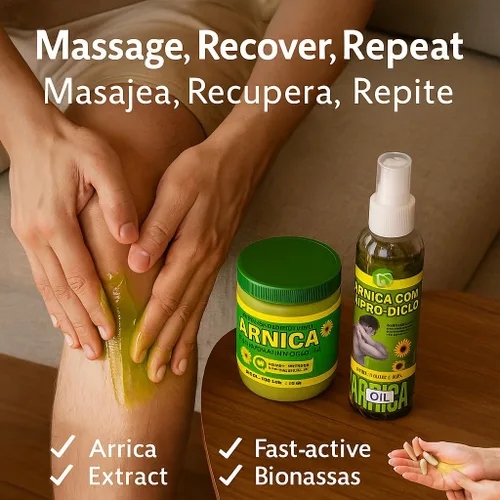Vista 2 de Combo de masaje de árnica, aceite de 6 onzas líquidas + gel de 4.23 onzas, juego tópico natural para músculos y articulaciones, absorción rápida