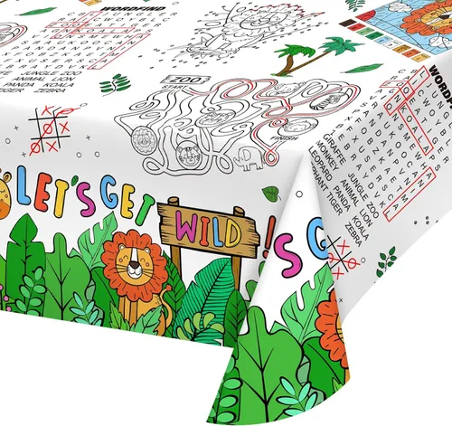 Vista 4 de Gatherfun Paquete de 2 manteles de papel para colorear con temática de selva de safari, cubierta de mesa de actividades interactiva para fiestas