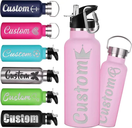 Vista 8 de Botellas de agua personalizadas de 12 onzas, botella de agua de acero inoxidable personalizada con tapa con pajilla, botellas de doble pared