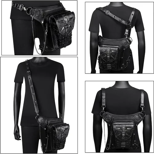 Vista 6 de Steampunk - Bolsa de cintura de piel para motocicleta, bandolera, bandolera, bandolera, bandolera, bolsa, negro - B, talla única