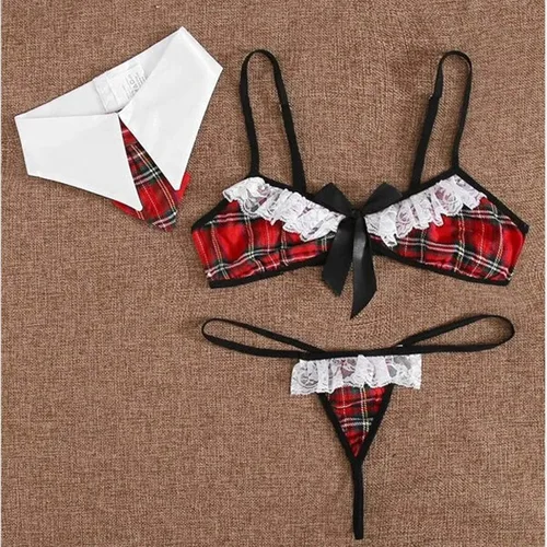 Vista 3 de Women Sexy Lingerie 3PC Lace Plaid Bra Thong Halter Uniform Pajamas Set