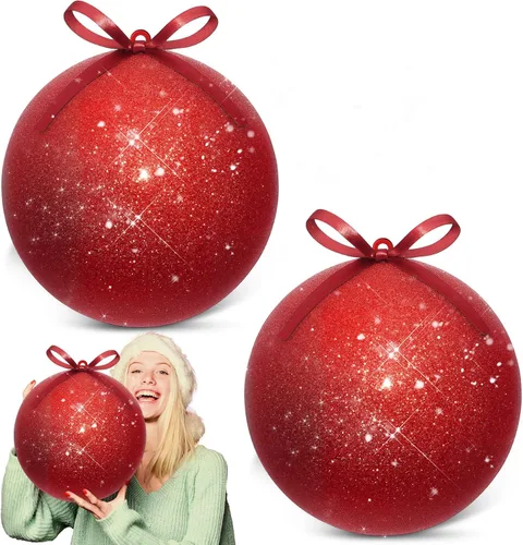 Vista 15 de Zubebe 2 adornos de Navidad gigantes rellenables de 8 pulgadas con cintas, bolas de Navidad de plástico de gran tamaño para decoración de césped al