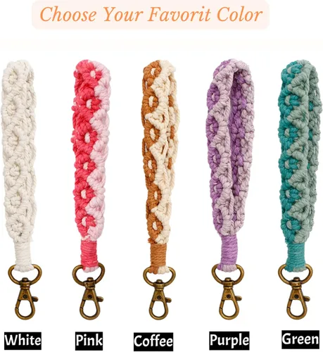Vista 3 de Llavero de macramé para mujer, cordón de muñeca para llaves de coche, bonitos llaveros bohemios, pulsera para niñas