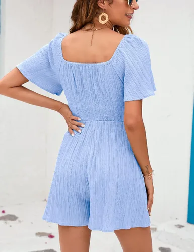 Vista 6 de KOJOOIN Women's Short Sleeve Square Neck Short Romper Off Shoulder Flutter Sleeve Wide Leg Mini Rompers
