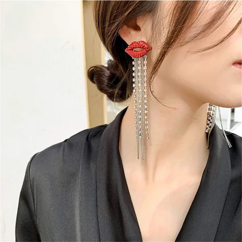 Vista 6 de QTMY Pendientes brillantes de diamantes rojos con borlas de diamantes de imitación para mujer