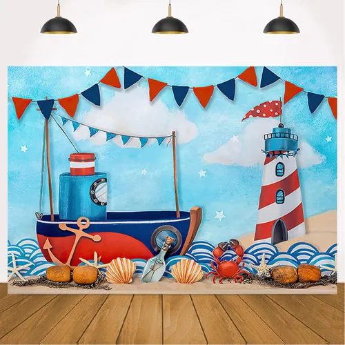 Vista 3 de Fondos de fotografía náutica de verano para tartas marineras, veleros, faros, decoración de cumpleaños, para niños, recién nacidos, primer