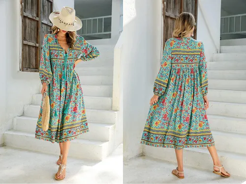 Vista 5 de R.Vivimos - Vestidos por debajo de la rodilla, de manga larga, con estampado floral, de estilo retro y bohemio, con cuello en V y borlas para mujer