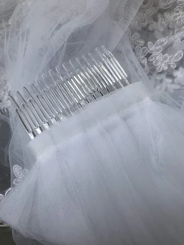 Vista 6 de MisShow Velo de novia corto de tul de 2 niveles para mujer con peine